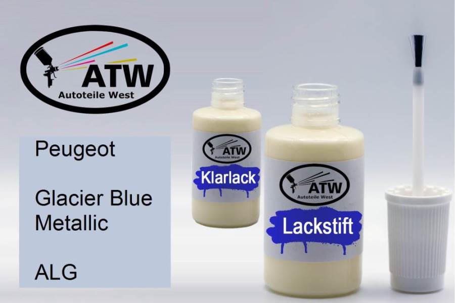 Peugeot, Glacier Blue Metallic, ALG: 20ml Lackstift + 20ml Klarlack - Set, von ATW Autoteile West.